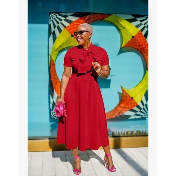 NEW Red Elegant Short Sleeve Career A-Line Dress Pockets 2X - Picture 2 of 6